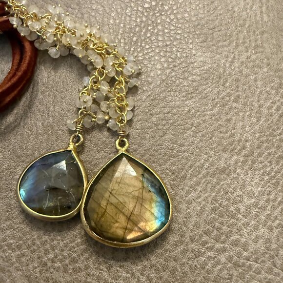 Boho Set: Leather moonstone labradorite lariat necklace 40" w/ drop earring NWOT - Picture 5 of 5